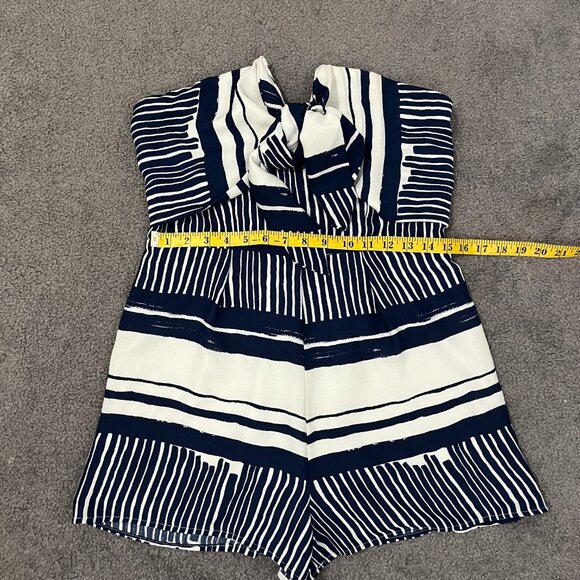 Lulus | Strapless Structured Tie Front Blue and White Romper, size L - Picture 5 of 9
